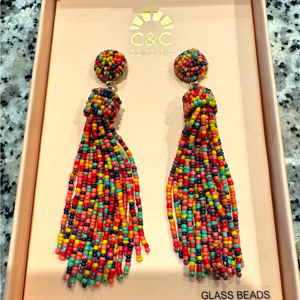 Beautiful glass bead tassel earrings. New in box.